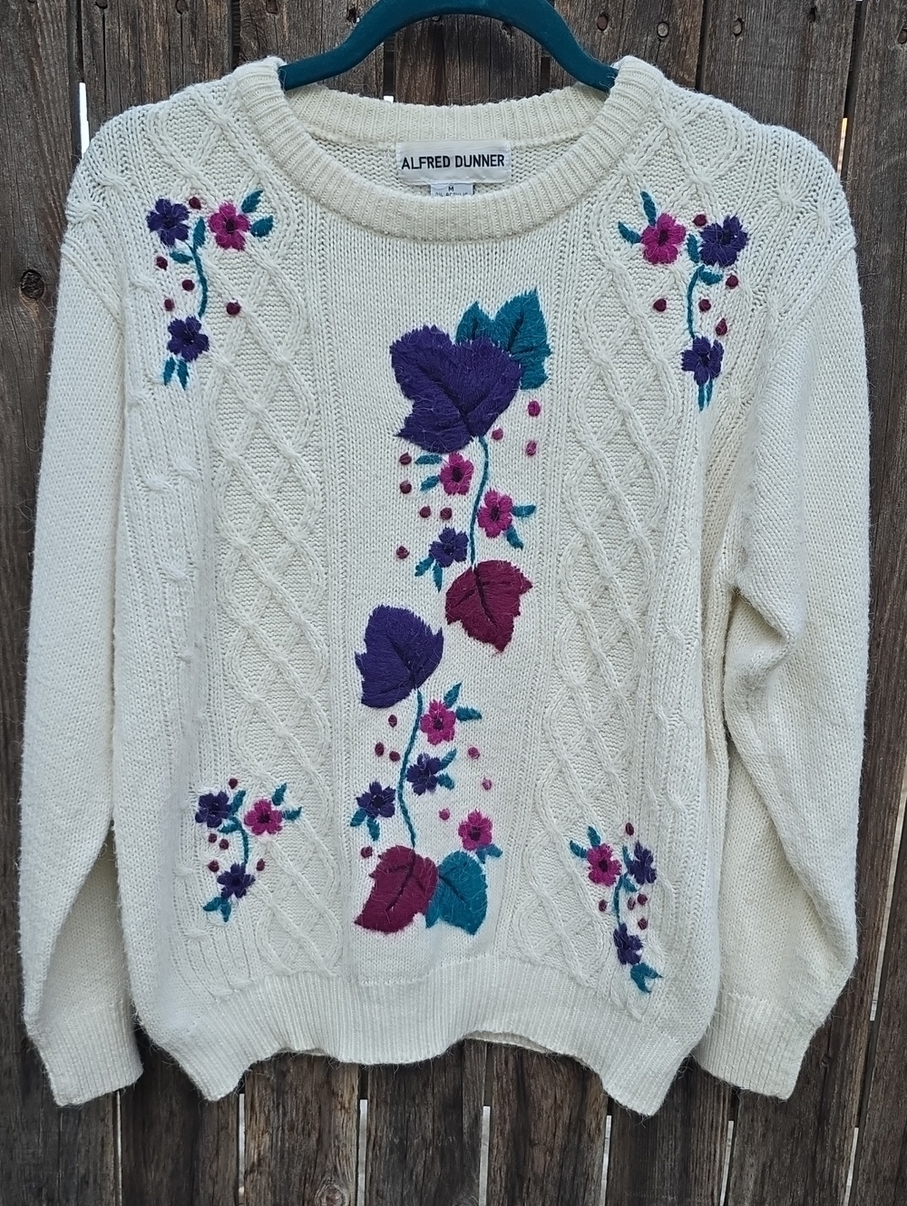 Vintage Alfred Dunner Cream Cable-Knit Sweater Purple, Teal & Magenta Embroidery